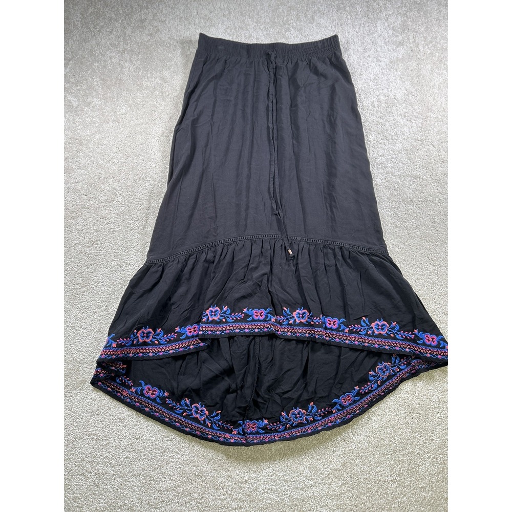 Time and Tru Skirt Womens Small Black Embroidered Boho Maxi Floral‎ Rayon Flowy
